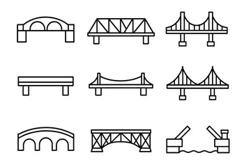 Bridge line icon set. Simple outline collection of various bridge structures. Vector graphic elements for transport, connection, engineering, architecture, web and logo design.