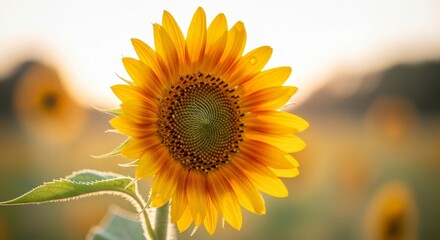 Fototapeta premium Vibrant sunflower bathed in the golden hues of a setting sun, symbolizing warmth, happiness, and the beauty of nature's simple elegance in a sun-kissed field