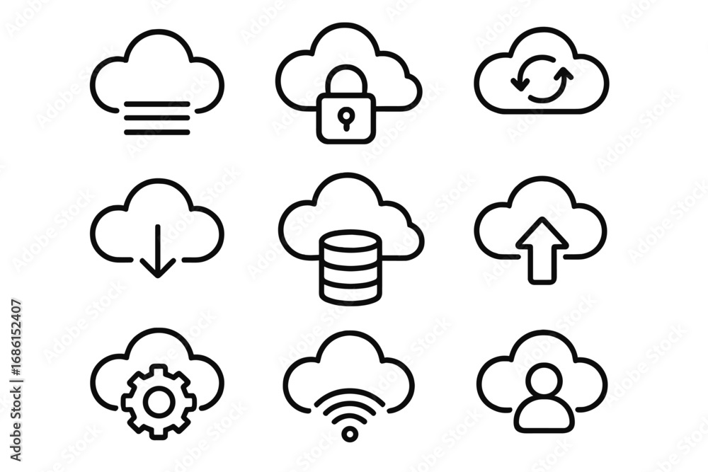 Poster cloud computing line icon set. data storage, network server, security, and sync symbols. vector coll