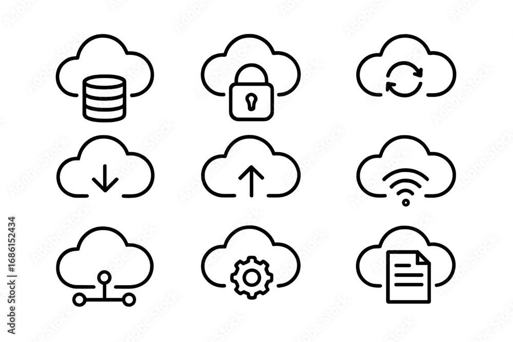 Poster cloud computing outline icon set. vector line art symbols for data storage, security, server, networ