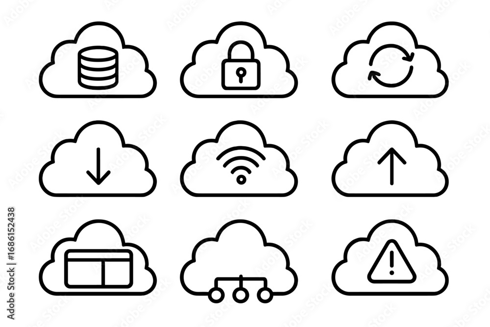 Poster cloud computing outline icon set. data storage, security, and sync icons. line art vector illustrati