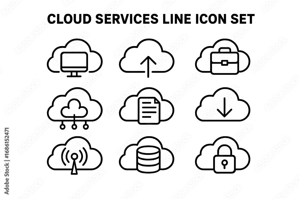 Poster cloud services line icon set. technology business data storage network symbols. vector icons for com
