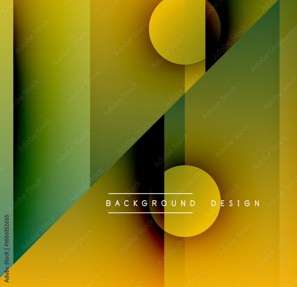 Poster abstract geometric composition. overlapping shapes create dynamic visual effect. yellows, greens, bl