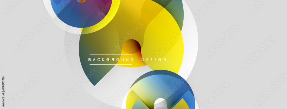 Poster Abstract fluid shapes, vibrant colors, modern design. Gradient circles overlap, creating dynamic composition. Minimalist text element present.