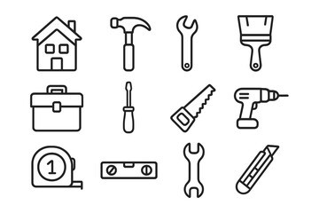 Fototapeta premium Construction tools outline icon set. Building, repair, home improvement vector icons collection. Toolkit with hammer, saw, drill, wrench, paintbrush for DIY projects. Handyman.