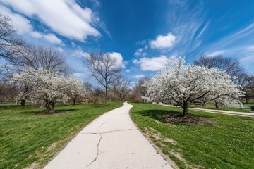 Obraz premium Winding path through park, blooming trees, vibrant green grass, sunny day