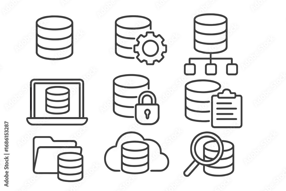 Poster database technology icon set. data management linear icons. vector symbols for server, storage, clou