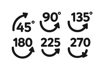 Angle degree icons set. 45, 90, 135, 180, 225 and 270 degrees rotation symbols. Math geometry measurement signs. Vector illustration of turn, circle and mathematics.