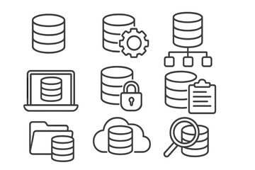 Database technology icon set. Data management linear icons. Vector symbols for server, storage, cloud computing, security, network, analysis. Big data & system administration.