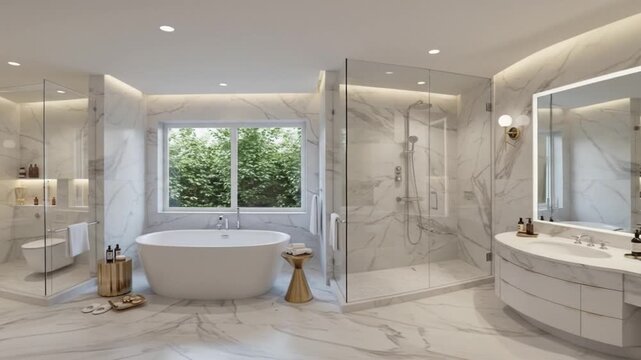 A luxurious bathroom features marble walls floor glass showers a white tub by a window and modern fixtures