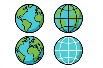 Set of globe icons. Earth planet symbol for web. Vector world map illustration. Global business and travel concept. International network sign. Geography and ecology design.