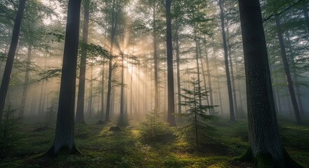 Golden rays of sun pierce through the morning mist in a serene forest, illuminating the ancient trees and creating a magical, tranquil scene with ethereal light