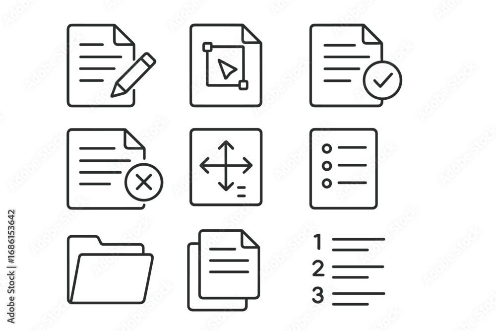 Poster document editing linear icon set. file management outline symbols. edit, check, approve, delete, cop