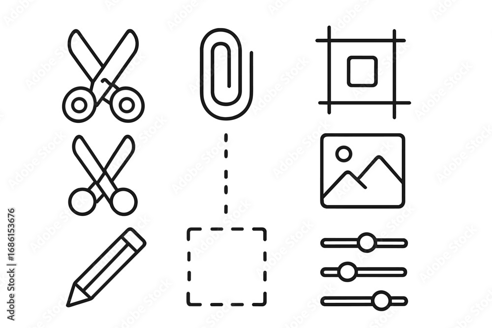 Poster editing tools line icon set. vector symbols for ui design, including scissors, crop, pencil, and adj