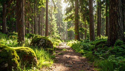 Sunlit forest path amidst tall trees and moss-covered rocks and lush greenery.