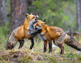 Obraz premium Two red foxes interacting in a forest