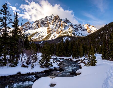 Winter mountain stream with snow-covered peaks