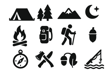 Camping and hiking outdoor adventure icon set. Collection of silhouette symbols for nature exploration, travel and survival. Tent, mountain, fire, and forest vector glyphs.