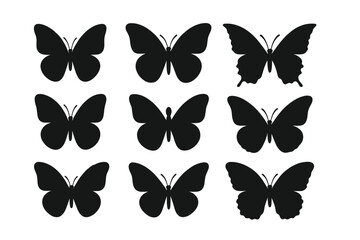 Butterfly silhouette icon set. Collection of various flying insect shapes. Black graphic element for logo, tattoo, or decal design. Nature and spring concept vector illustration.