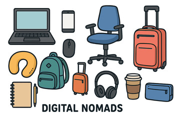 Digital nomad essentials icon set. Remote work equipment. Freelancer lifestyle concept. Work from anywhere tools. Laptop, luggage, chair, travel accessories. Vector cartoon kit.