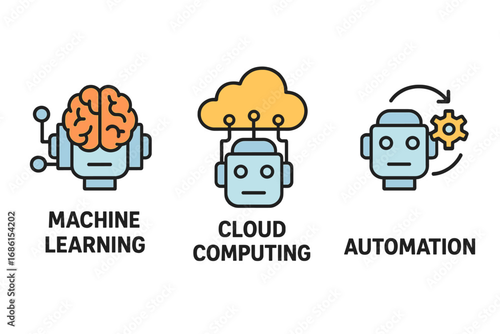 Poster set of artificial intelligence icons. machine learning, cloud computing, and automation concepts. ve