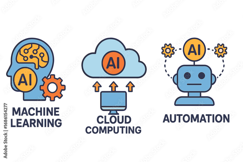 Poster ai concept icons. artificial intelligence, machine learning, cloud computing, automation vector illu
