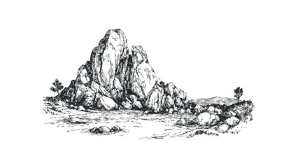 Sketch of rocky landscape with a body of water and sparse trees. Vector hand drawn illustration