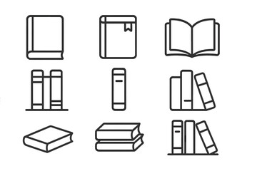 Book icon set. Simple line icons of books for library, literature, education, and reading concepts. Minimalist vector design elements, open book, stack, and bookshelf symbols.