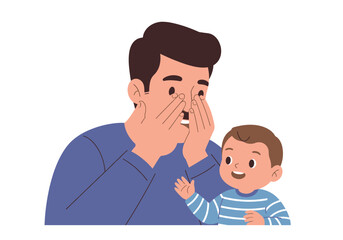 Peekaboo moment between man and baby. Family, childcare, happiness, fatherhood, joy, love, playful, striped clothing, bonding, playful expressions.