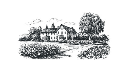 Sketch of a two story house with trees and flowers. Vector hand drawn illustration