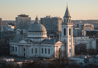 Obraz premium 夕暮れの聖堂と都市の風景