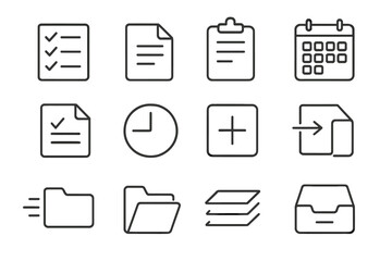Simple line icon set for business and productivity. Vector collection of outline symbols for tasks, documents, and organization. Minimalist icons for workflow, management, UI.
