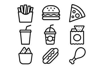 Fast food outline icon set for restaurant menu. Simple line art symbols for junk food, takeaway, delivery. Includes burger, pizza, fries, hot dog, soda, chicken leg.