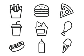 Fast food outline icon set. Minimalist vector icons of fries, burger, pizza, soda, hot dog, chicken, nachos, ice cream. Junk food linear symbols for menu, web, and apps.