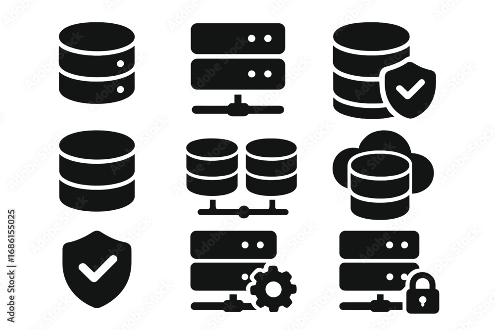Poster database solid icon set. data storage, server, and cloud computing glyphs. network hosting, informat