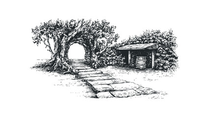 Enchanting Woodland Path Through Ancient Tree Archway to Rustic Shed. Vector hand drawn illustration