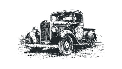 Sketch of an antique truck parked outdoors with a grassy foreground. Vector hand drawn illustration