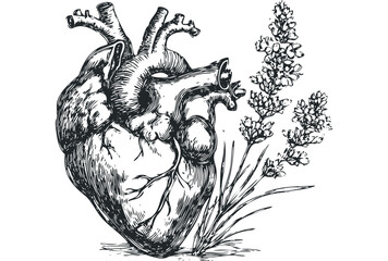 Obraz premium Detailed Ink Drawing of Human Heart with Floral Accents. Vector hand drawn illustration