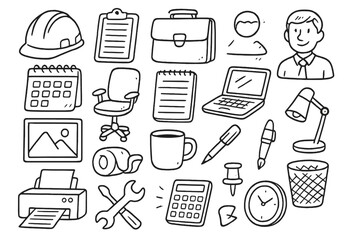 Office supplies and business work icon collection. Hand-drawn doodle set for Labor Day. Includes hard hat, tools, laptop, calendar, briefcase, printer. Vector line art design.