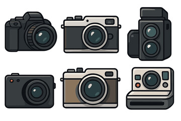 Set of camera icons. Vector illustration collection of photography equipment. Retro film camera, vintage TLR, modern DSLR, instant photo and digital point-and-shoot cameras.