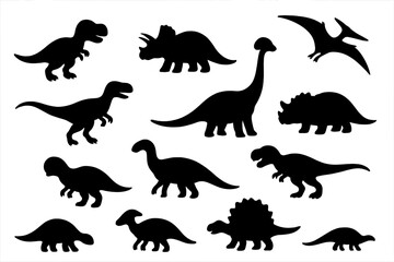 Dinosaur silhouette icon set. Prehistoric animal collection. T-rex, triceratops, stegosaurus graphics. Jurassic reptile monster shape for logo. Extinct fossil creature vector.
