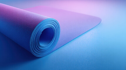 Rolled blue and purple yoga mat on blue background with gradient lighting