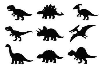 Dinosaur silhouette icon set. Black prehistoric fossil animals. Jurassic clipart collection. Cute cartoon dino shapes like T-rex, Stegosaurus, Triceratops for kids projects.