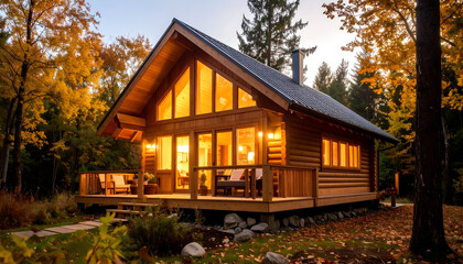 Cozy Log Cabin in Autumn Forest