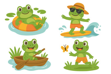 Obraz premium Cute frog character set. Vector cartoon illustration of playful frogs in summer activities. Surfing, boating, floating in a rubber ring, and chasing a butterfly. Adorable animal mascot collection.