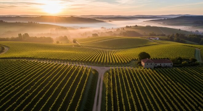 Breathtaking Sunrise Over Rolling Vineyards in the French Countryside