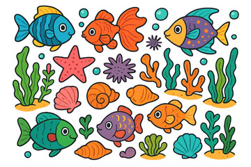 Sea life cartoon set. Marine underwater animals. Ocean fish, starfish, shell, coral, seaweed, urchin. Cute colorful aquarium vector illustration. Aquatic doodle clipart isolated.