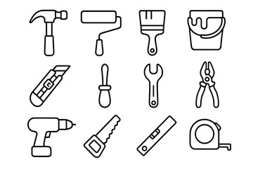 Home improvement tools outline icon set for renovation and painting. DIY essentials for construction and repair. Vector line art collection of instruments for carpentry.