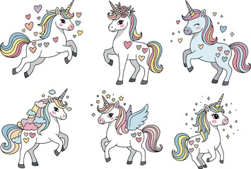 Adorable cute unicorn cartoon collection with rainbow mane, magical fairytale horse, fantasy mystical creature, children artwork, kawaii pony illustration design © Siam Creatives