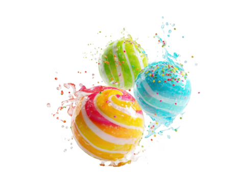 Colorful candy spheres in a splash of liquid